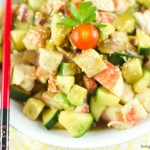 Surimi Salad served with sesame dressing for an easy and low fat dinner idea. Avocados, cucumbers and other veggies come together in a crunchy filling salad