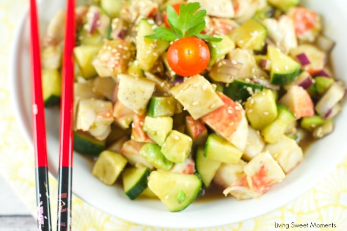 Surimi Salad served with sesame dressing for an easy and low fat dinner idea. Avocados, cucumbers and other veggies come together in a crunchy filling salad