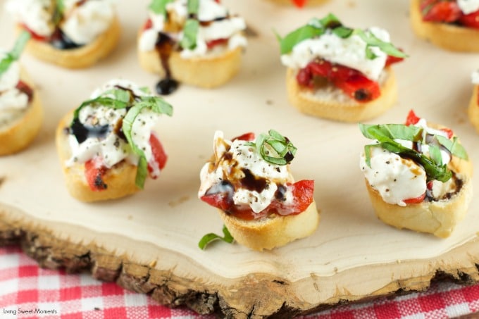 Roasted Red Pepper Burrata Crostini - crispy baguette slices are topped with roasted red peppers, creamy burrata, basil and a splash of balsamic glaze.