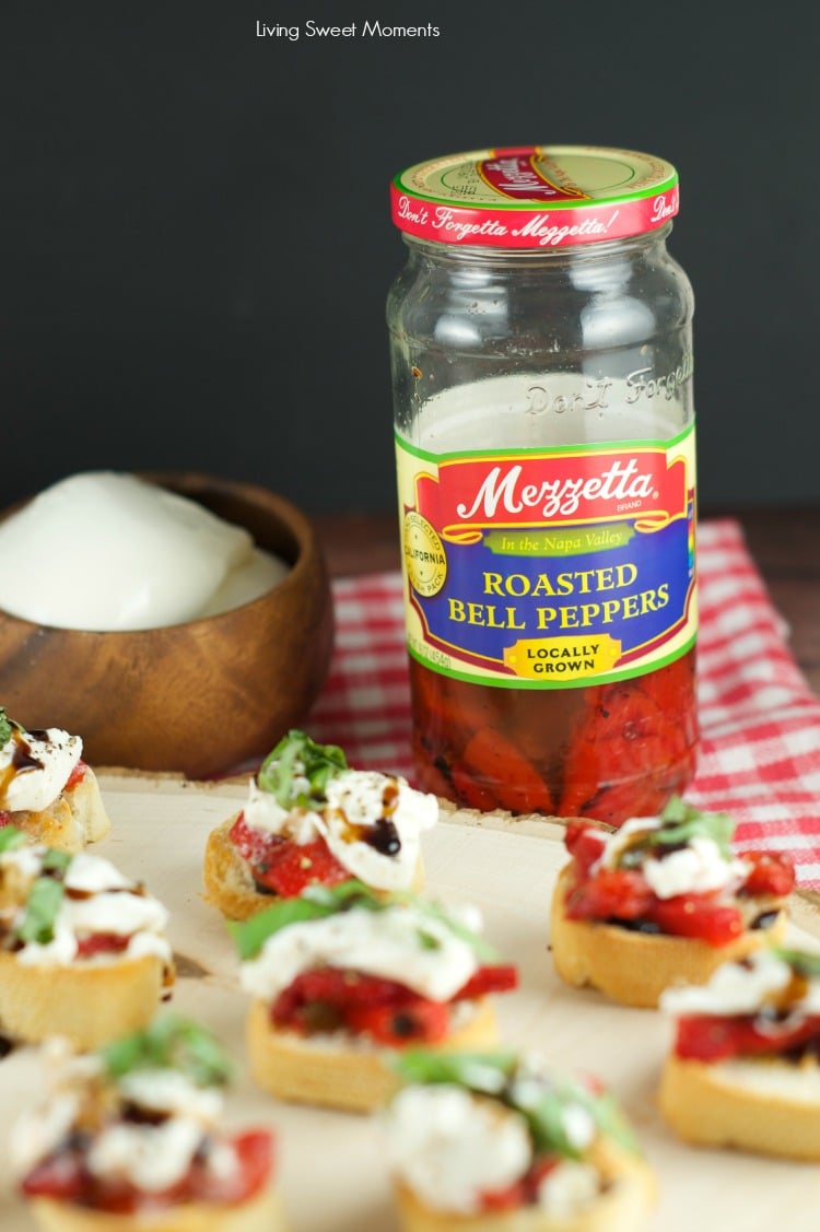 Roasted Red Pepper Burrata Crostini - crispy baguette slices are topped with roasted red peppers, creamy burrata, basil and a splash of balsamic glaze. 