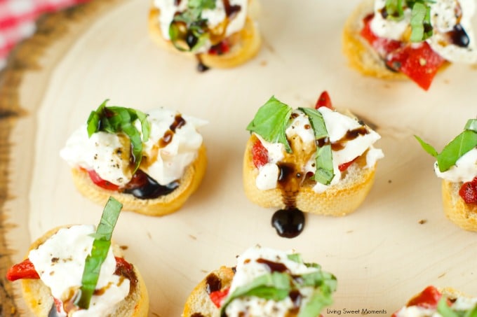 Bite Size Roasted Red Pepper Burrata Crostini - Living Sweet Moments