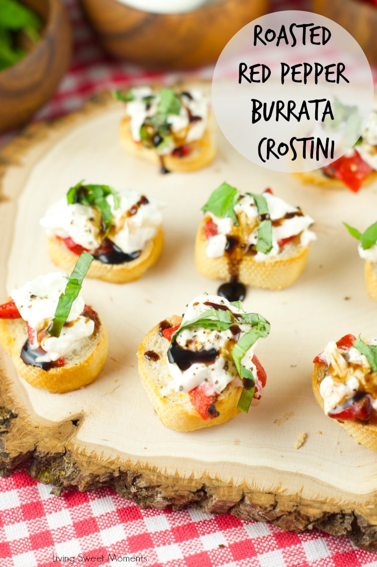 Roasted Red Pepper Burrata Crostini - crispy baguette slices are topped with roasted red peppers, creamy burrata, basil and a splash of balsamic glaze. 