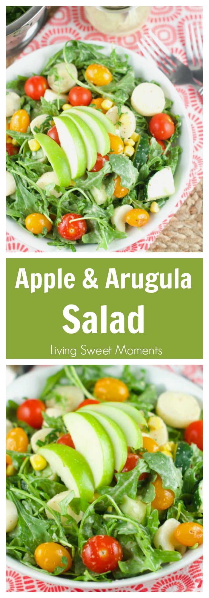 Apple And Tomato Arugula Salad: delicious summer salad with tomatoes, arugula, corn, apple and hearts of palm tossed with a homemade Mustard Vinaigrette.