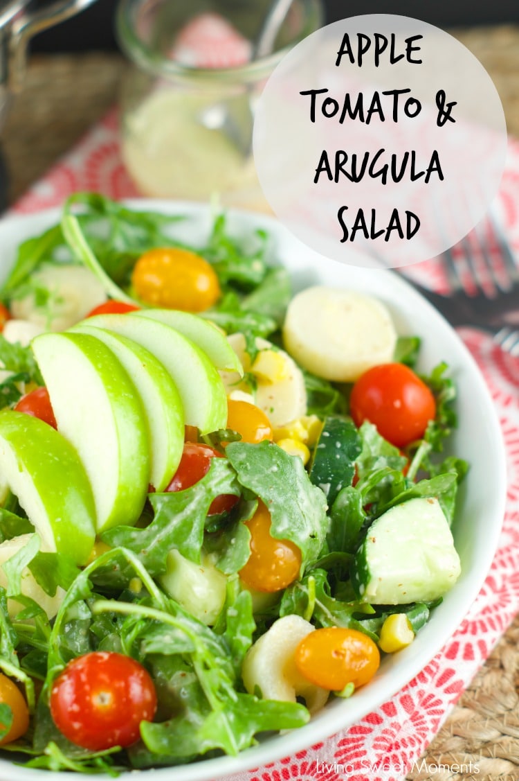 Apple And Tomato Arugula Salad: delicious summer salad with tomatoes, arugula, corn, apple and hearts of palm tossed with a homemade Mustard Vinaigrette. 