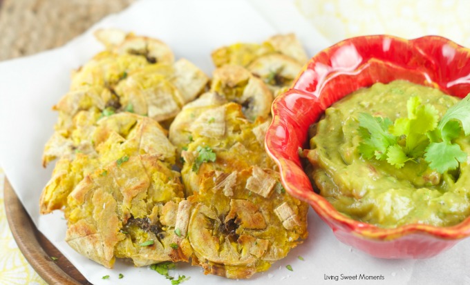 Baked Tostones With Guasacaca Sauce Recipe: easy plantains are crispy baked and served with a Venezuelan avocado dip that's perfect as a dinner side dish.