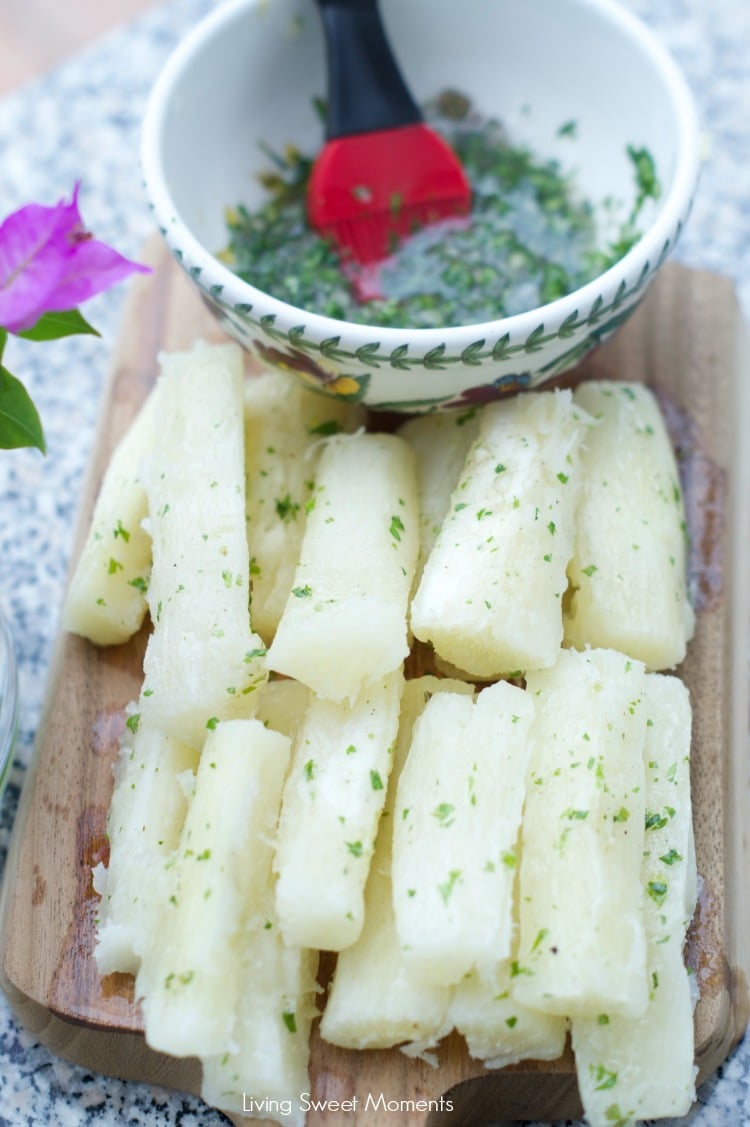 Grilled Yuca with Garlic Mojo Sauce: delicious yucas are smothered with garlic mojo sauce and then grilled until crispy. Great summer side dish to any meal