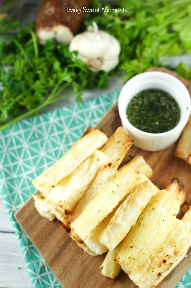 Grilled Yuca with Garlic Mojo Sauce: delicious yucas are smothered with garlic mojo sauce and then grilled until crispy. Great summer side dish to any meal