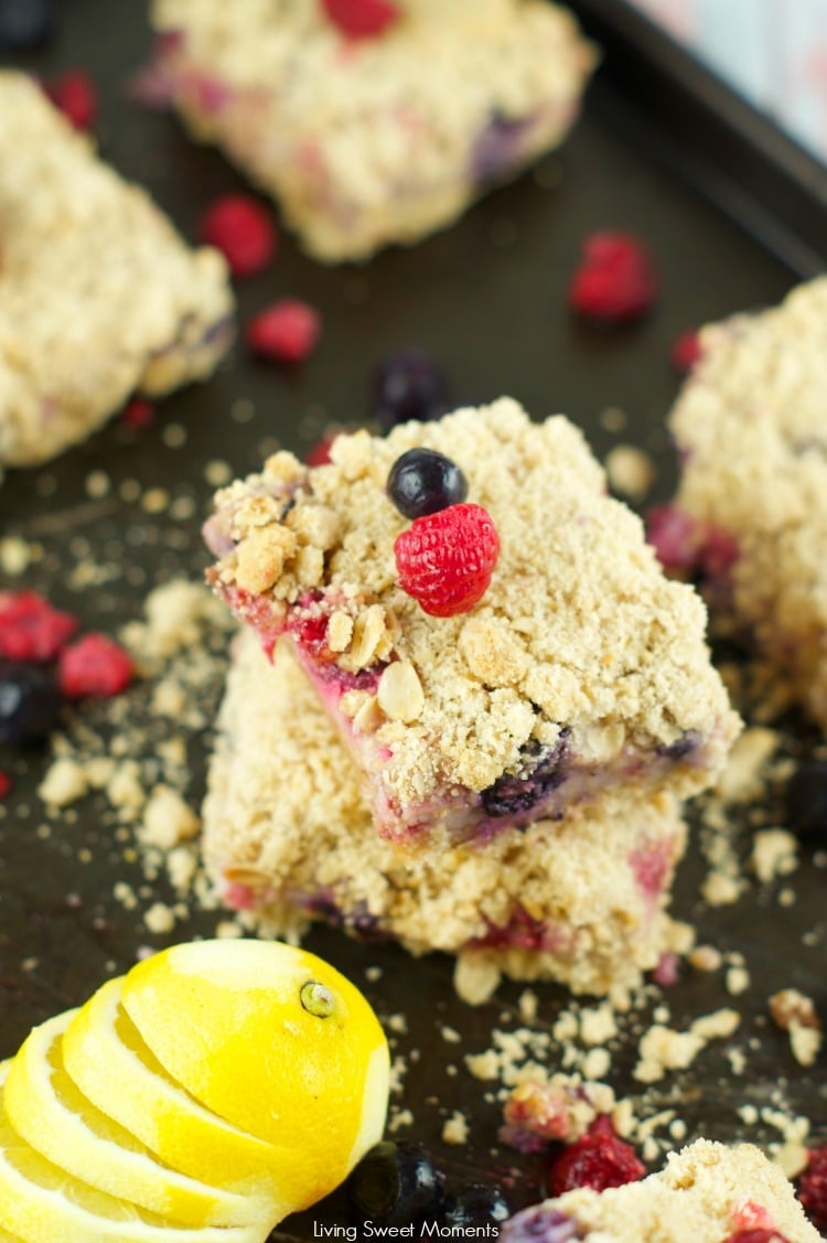 Lemon Berry Crumb Bars: Crumbly butter oatmeal crust with a citrus berry creme filling. These bars are the perfect summer dessert for any occasion