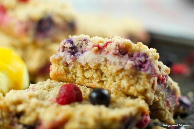 Lemon Berry Crumb Bars: Crumbly butter oatmeal crust with a citrus berry creme filling. These bars are the perfect summer dessert for any occasion