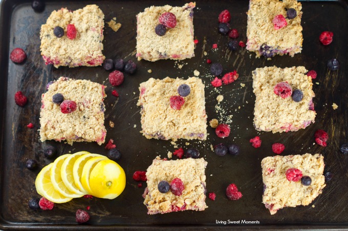 Lemon Berry Crumb Bars: Crumbly butter oatmeal crust with a citrus berry creme filling. These bars are the perfect summer dessert for any occasion