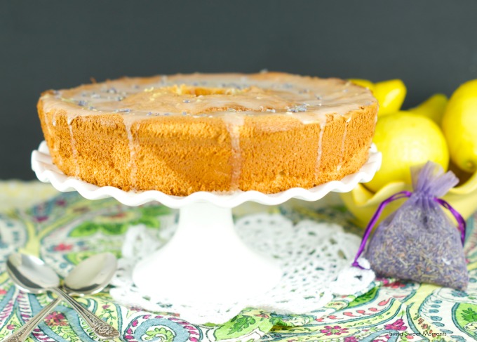 Lemon Lavender Chiffon Cake - this airy cake is infused with lavender and lemon and then topped with a lemon glaze. Delicious for dessert and tea time treat