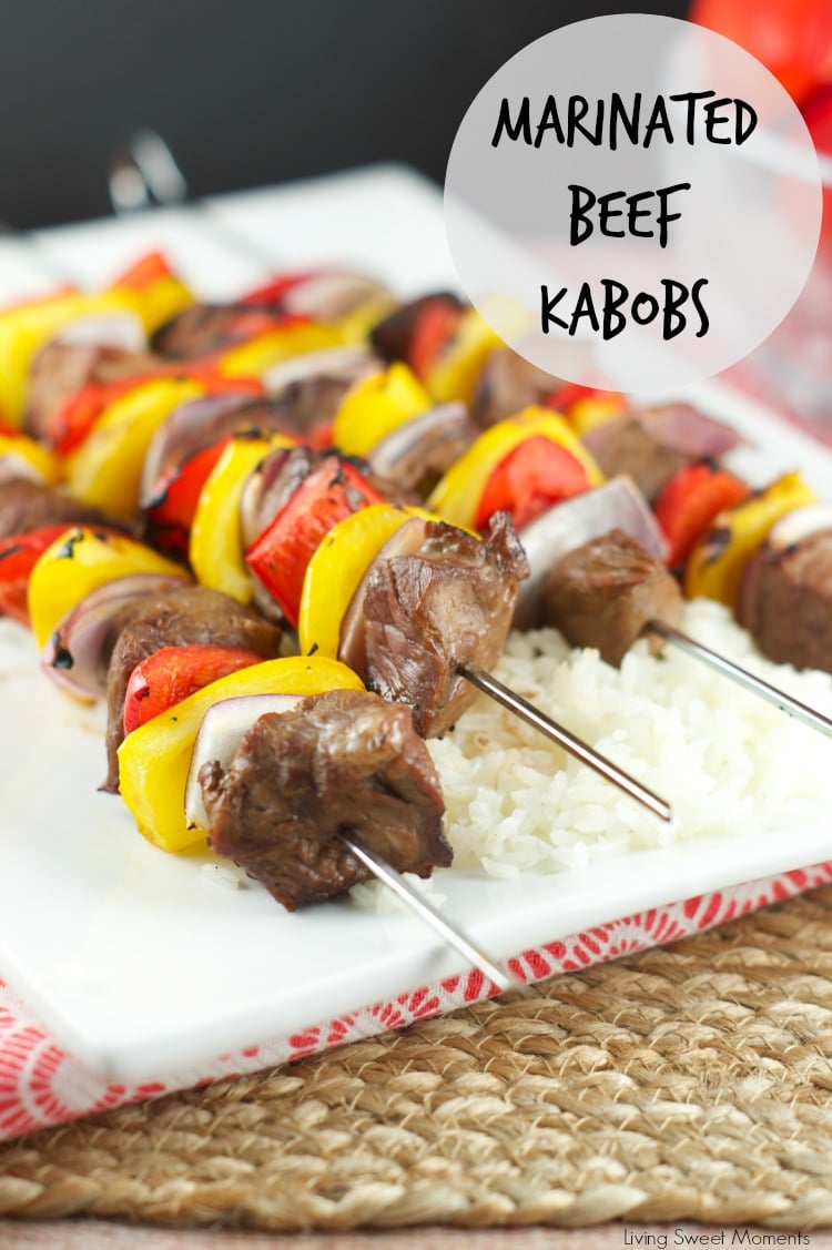 Marinated Beef Kabobs Recipe: delicious grilled beef and veggies served over a bed of rice. Perfect quick dinner idea for a weeknight or a get together.