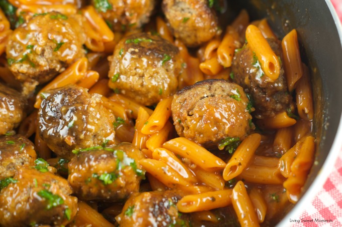 One Pan Pasta And Meatballs: the perfect one pot meal dinner idea! Tender homemade meatballs are cooked inside a tomato basil sauce served with penne pasta.