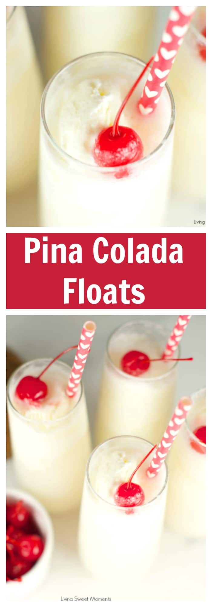 Pina Colada Floats: delicious and refreshing pina colada floats made only with 4 ingredients. Perfect summer dessert that can be enjoyed by everybody. Yum! More frozen desserts at livingsweetmoments.com