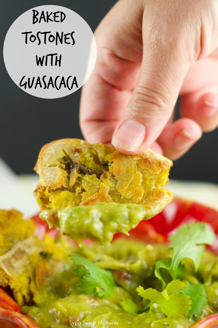 Baked Tostones With Guasacaca Sauce Recipe: easy plantains are crispy baked and served with a Venezuelan avocado dip that's perfect as a dinner side dish.
