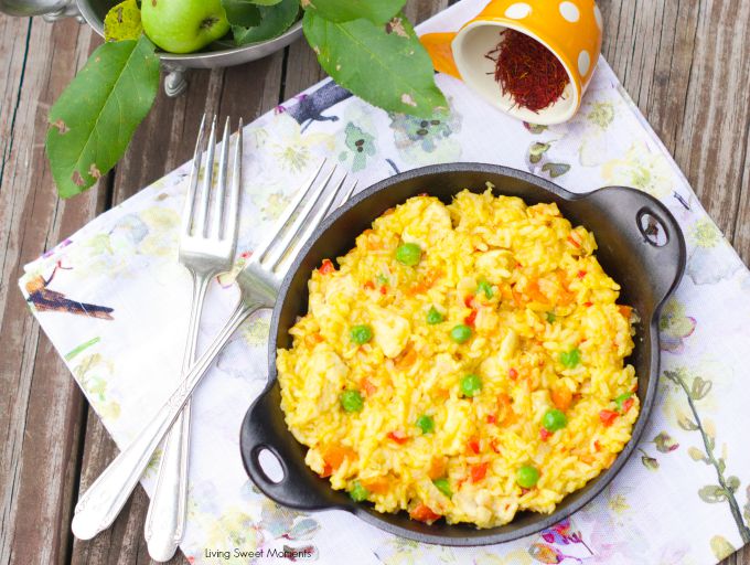 Arroz Con Pollo: Delicious latin dish made with chicken breast, veggies and saffron. Comes together in minutes and is perfect for a one pot weeknight dinner.