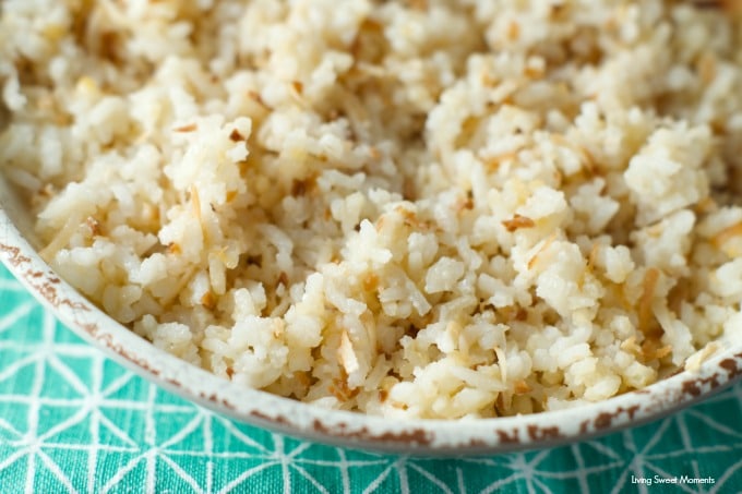 Colombian Coconut Rice: this latin rice is bursting with flavor and texture. A sweet and salty side dish that is ready in minutes. Perfect for weeknight dinners and entertaining too.