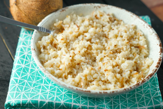 Colombian Coconut Rice: this latin rice is bursting with flavor and texture. A sweet and salty side dish that is ready in minutes. Perfect for weeknight dinners and entertaining too.