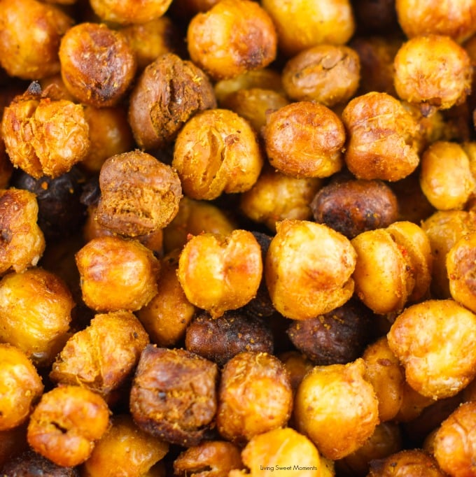 Roasted Crispy Chickpeas: this healthy snack is crunchy and delicious. You'll think you're eating chips! Tossed in spice for amazing taste and texture. Yum!