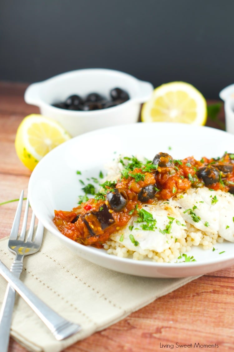 Fish With Eggplant Caponata Sauce: delicate white fish is paired with a robust roasted eggplant caponata sauce. Perfect for a weeknight dinner and parties.