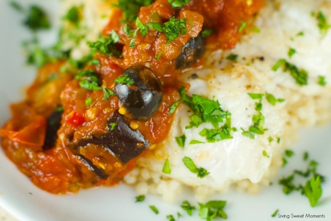 Fish With Eggplant Caponata Sauce: delicate white fish is paired with a robust roasted eggplant caponata sauce. Perfect for a weeknight dinner and parties.