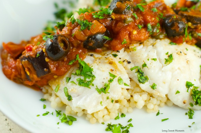 Fish With Eggplant Caponata Sauce: delicate white fish is paired with a robust roasted eggplant caponata sauce. Perfect for a weeknight dinner and parties.