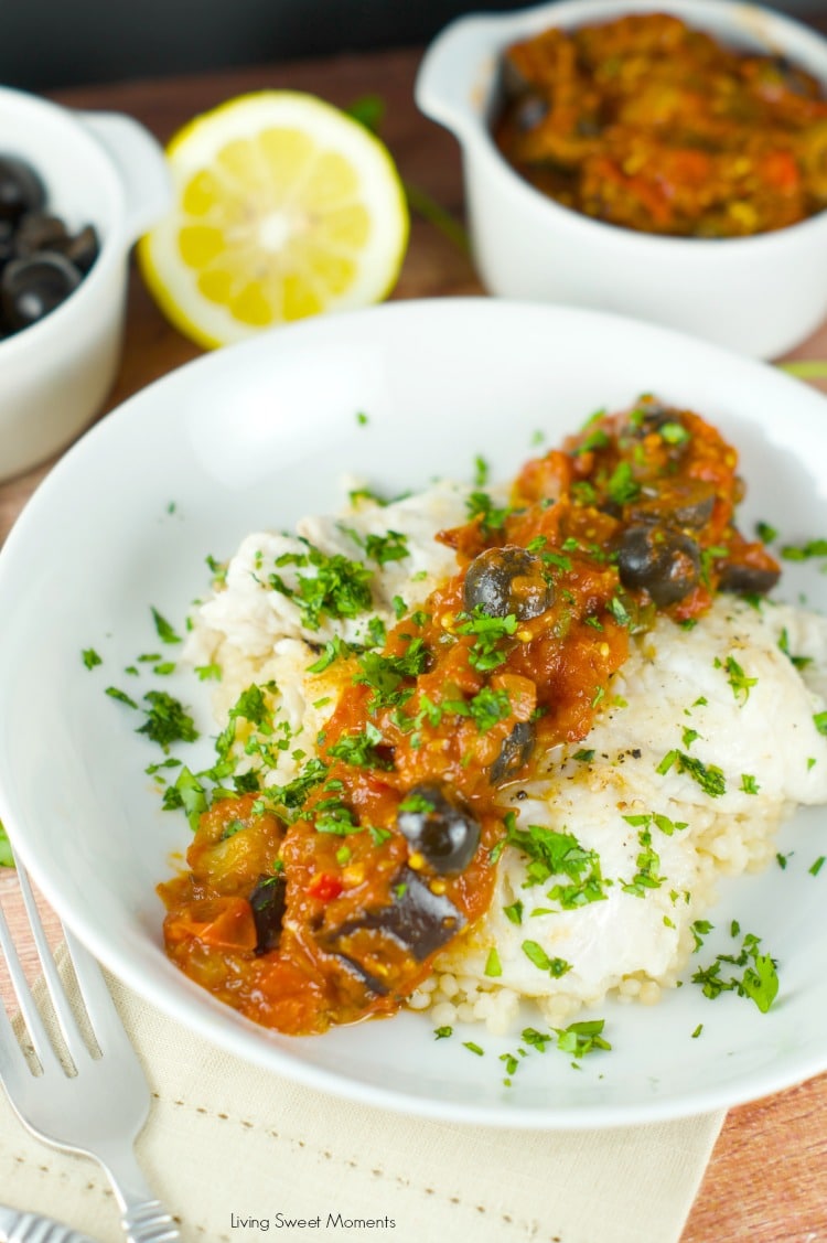 Fish With Eggplant Caponata Sauce: delicate white fish is paired with a robust roasted eggplant caponata sauce. Perfect for a weeknight dinner and parties.