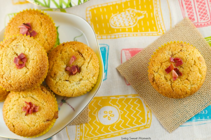 Maple Bacon Corn Muffins - these moist muffins are bursting with flavor! Easy to make and delicious. The batter is filled with bacon bits and maple flavor, making them the perfect brunch or breakfast recipe!
