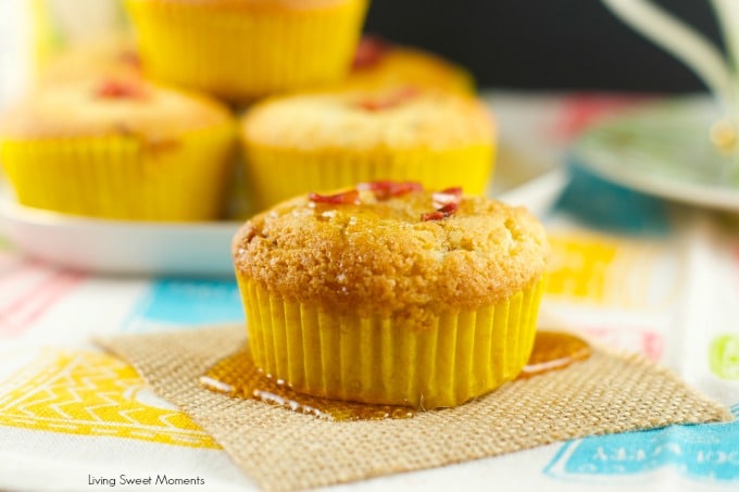 Maple Bacon Corn Muffins - these moist muffins are bursting with flavor! Easy to make and delicious. The batter is filled with bacon bits and maple flavor, making them the perfect brunch or breakfast recipe!