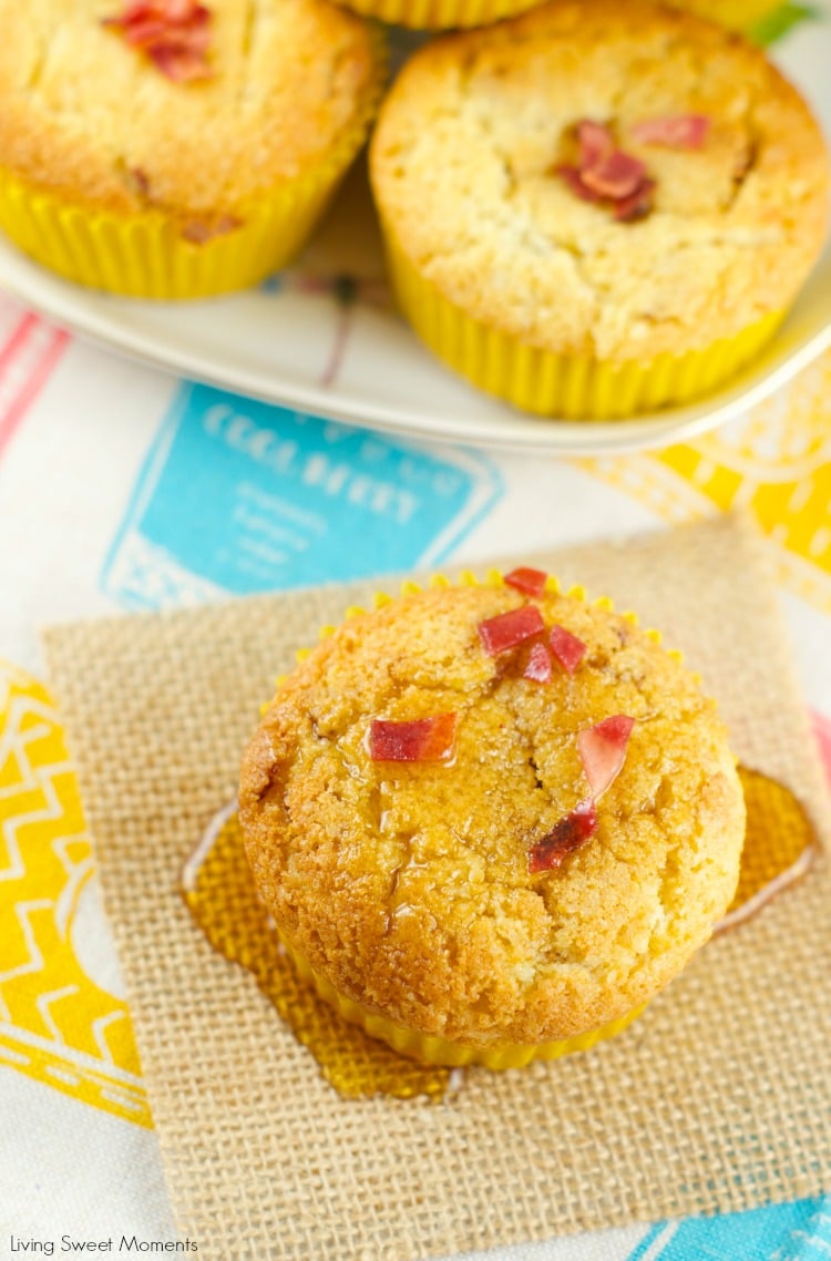 Maple Bacon Corn Muffins - these moist muffins are bursting with flavor! Easy to make and delicious. The batter is filled with bacon bits and maple flavor, making them the perfect brunch or breakfast recipe!