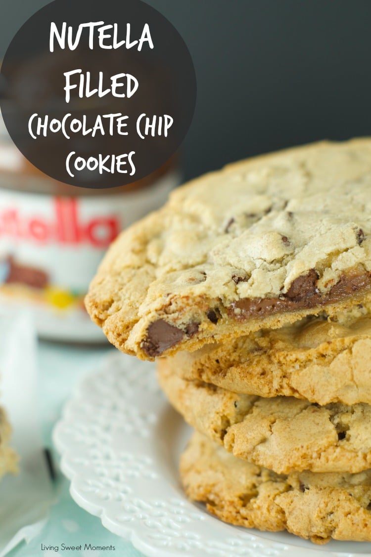 Nutella Stuffed Chocolate Chip Cookies - chewy chocolate chips cookies are filled with creamy Nutella. The perfect indulgent dessert for kids and adults. More on www.livingsweetmoments.com
