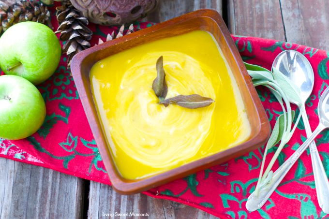 Roasted Butternut Squash And Apple Soup - amazing recipe for the fall. Roasted butternut squash soup is mixed with sage & curry and topped with fried sage