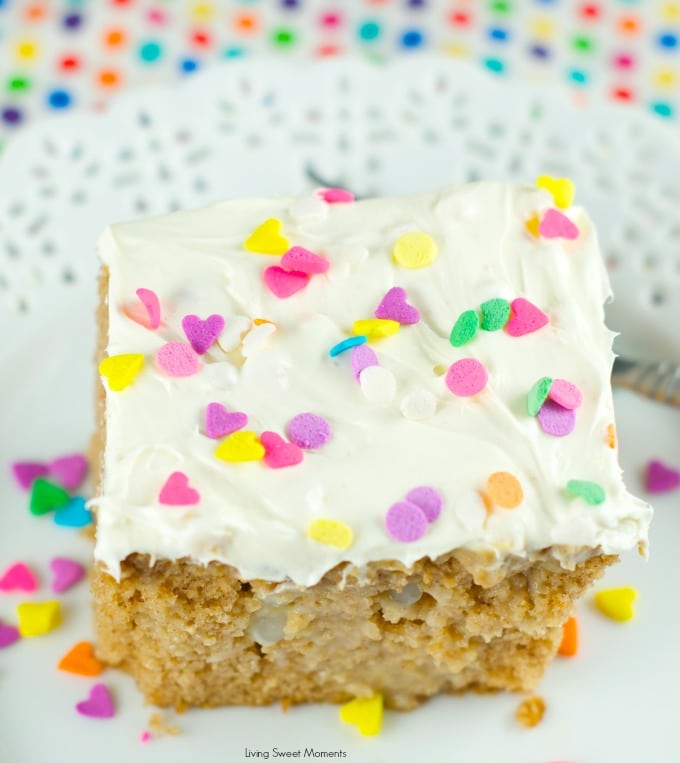 Tapioca Spiced Poke Cake - Spice cake is drenched with creamy tapioca pudding and then topped with cream cheese frosting. Perfect and easy dessert for parties and get togethers. More on www.livingsweetmoments.com