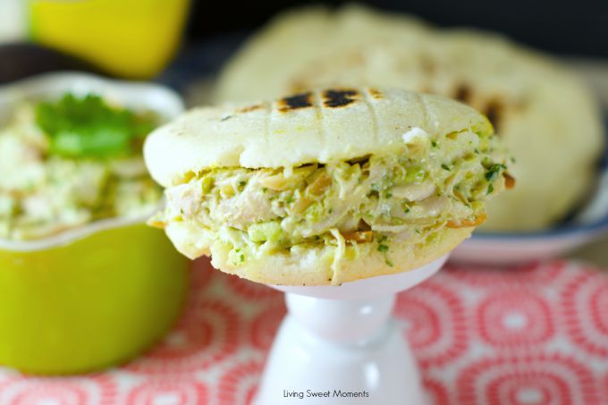 Delicious Venezuelan Arepas filled with the best avocado chicken salad. Perfect for a quick lunch and dinner! Use it in sandwiches, arepas or by itself! Yum