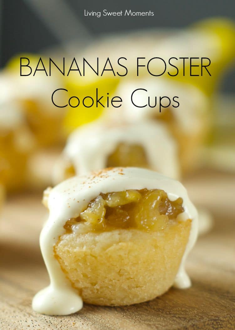 Bananas Foster Cookie Cups- chewy cookie cups filled with rice pudding and topped with homemade bananas foster. An easy to make dessert for any occasion