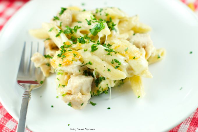 Chicken Alfredo Baked Pasta - delicious homemade Alfredo sauce tossed with pasta, cooked chicken and cheese. Perfect for a quick weeknight meal or for company.