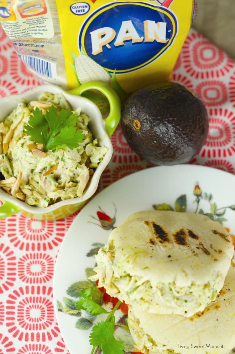 Delicious Venezuelan Arepas filled with the best avocado chicken salad. Perfect for a quick lunch and dinner! Use it in sandwiches, arepas or by itself! Yum