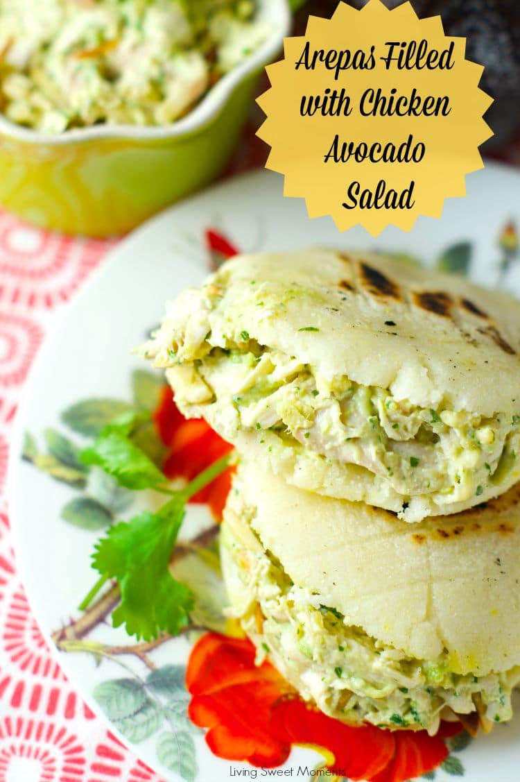 Delicious Venezuelan Arepas filled with the best avocado chicken salad. Perfect for a quick lunch and dinner! Use it in sandwiches, arepas or by itself! Yum