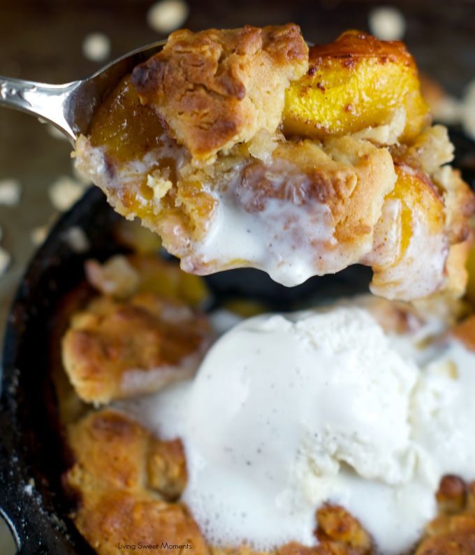 Skillet Peach Cobbler: This easy dessert recipe is delicious, easy and whips up in minutes. Peaches are cooked first on the stove and then baked in the oven