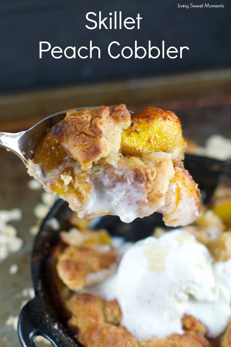 Skillet Peach Cobbler: This easy dessert recipe is delicious, easy and whips up in minutes. Peaches are cooked first on the stove and then baked in the oven