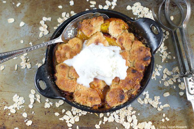 Skillet Peach Cobbler: This easy dessert recipe is delicious, easy and whips up in minutes. Peaches are cooked first on the stove and then baked in the oven