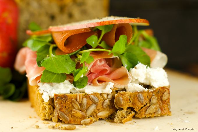 Open Faced Ham And Cheese Sandwich - delicious sandwich with goat cheese, pears, guava, watercress and ham topped with sweet honey. Easy, elegant and tasty!