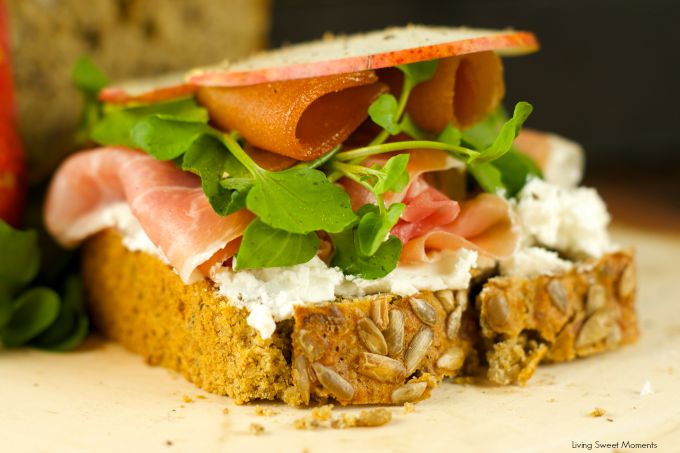 Open Faced Ham And Cheese Sandwich - delicious sandwich with goat cheese, pears, guava, watercress and ham topped with sweet honey. Easy, elegant and tasty!