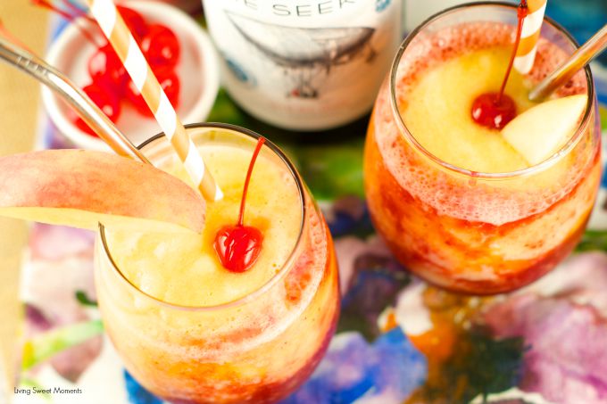 Riesling Peach And Cherry Slushies: delicious frozen cocktail with wine, cherries and peaches. Perfect to enjoy poolside or for entertaining. Refreshing!