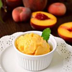 2 Ingredient Peach Sorbet Recipe: this delicious and easy to make peach sorbet is healthy, creamy and the perfect quick dessert to make any day. No machine needed! Delish!