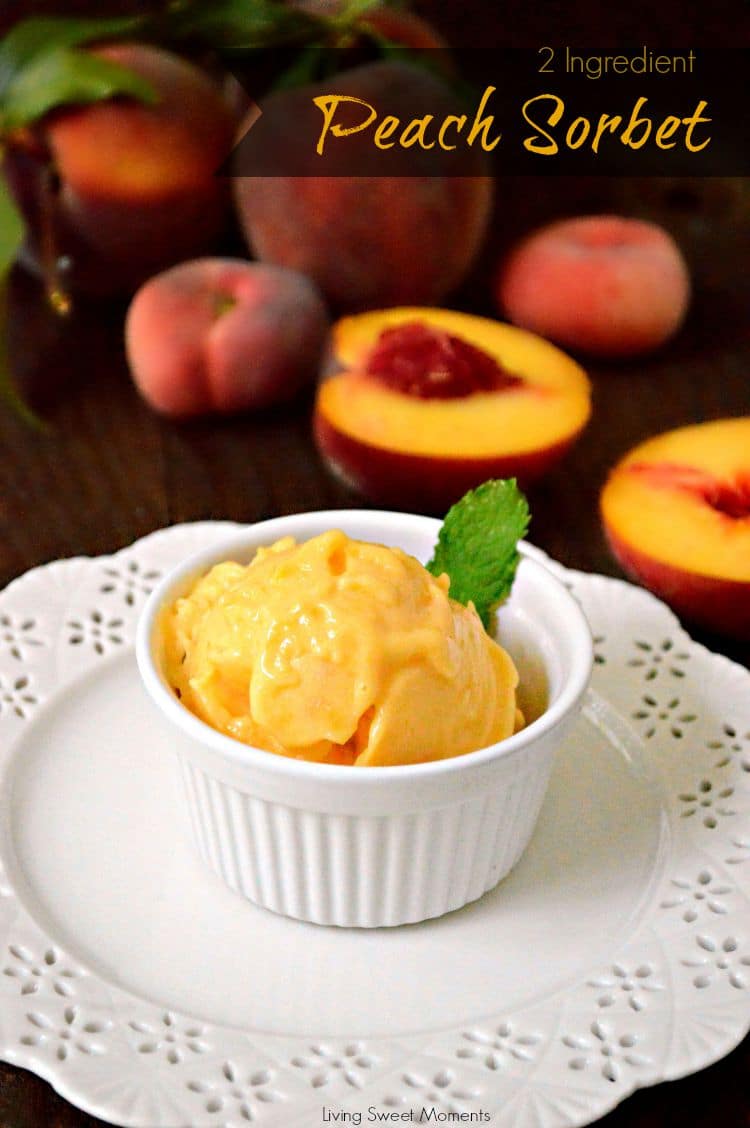 2 Ingredient Peach Sorbet Recipe: this delicious and easy to make peach sorbet is healthy, creamy and the perfect quick dessert to make any day. No machine needed! Delish! 