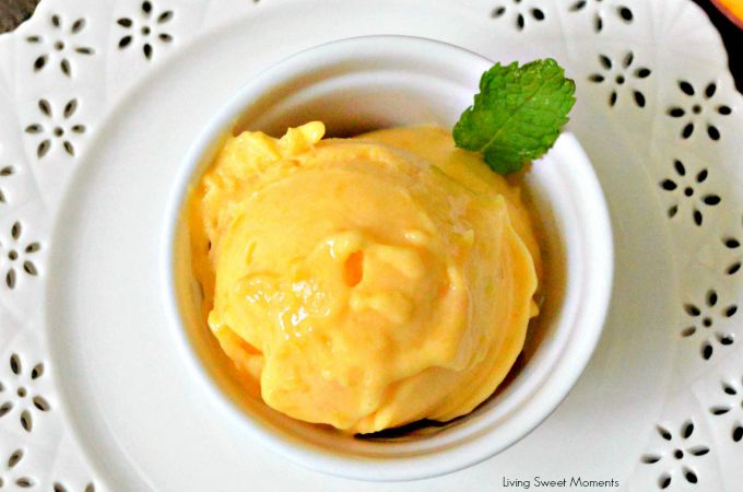 2 Ingredient Peach Sorbet Recipe: this delicious and easy to make peach sorbet is healthy, creamy and the perfect quick dessert to make any day. No machine needed! Delish!