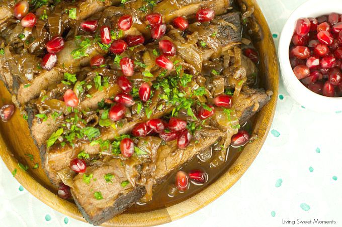 Wine And Pomegranate Brisket Recipe: delicious braised brisket with a pomegranate and wine sauce. Perfect & easy beef dinner for parties and entertaining. 