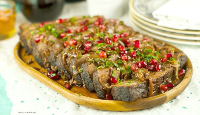 Wine And Pomegranate Brisket Recipe: delicious braised brisket with a pomegranate and wine sauce. Perfect & easy beef dinner for parties and entertaining. 