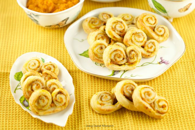 Pumpkin Palmiers: delicious crispy cookies filled with pumpkin and spice. Perfect treat and dessert for the fall. Only 4 ingredients needed! Easy and quick!